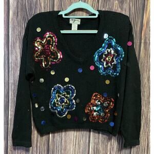 Vintage My Cardigan Sweater Size M Black Sequined Wool Angora Silk Retro
